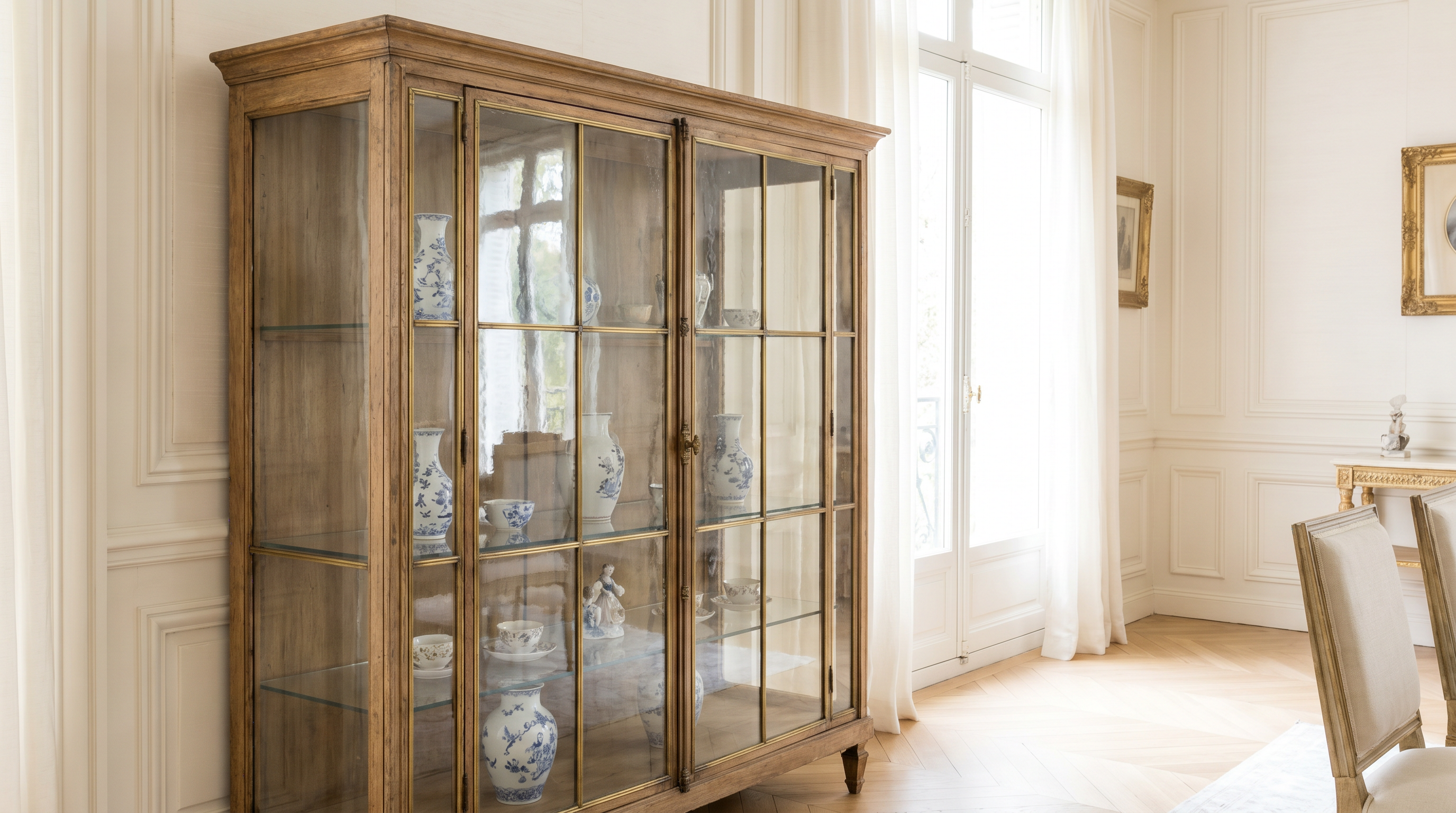 Antike Vitrine mit Porzellan hinter Glas