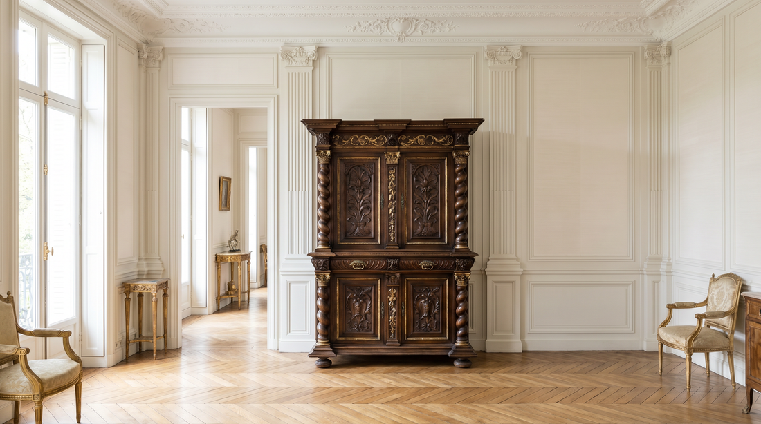 Barockschrank aus dunklem, geschnitztem Holz