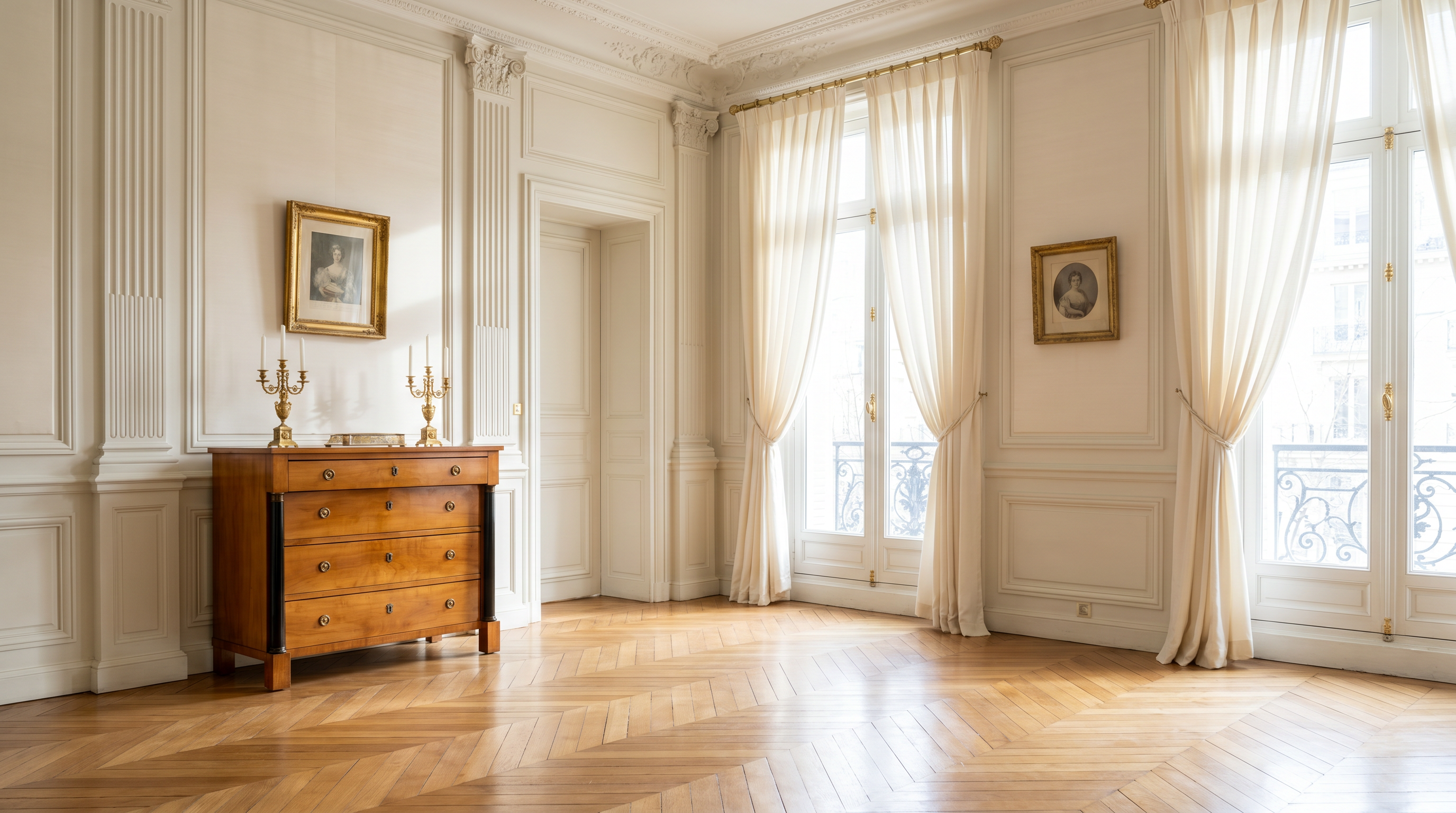 Biedermeier-Kommode aus Kirschbaum im hellen Salon