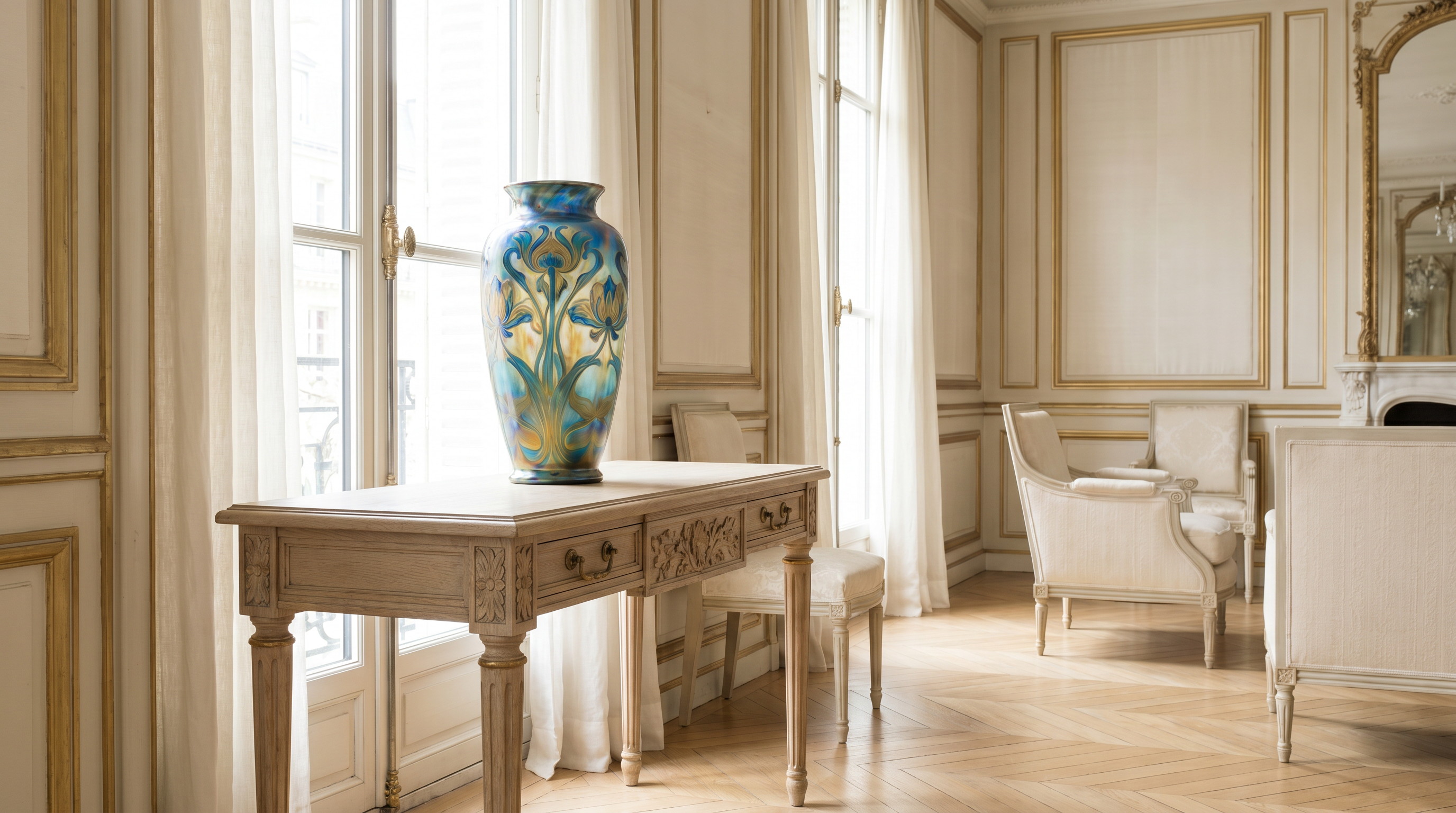 Jugendstil-Glasvase mit floralen Linien