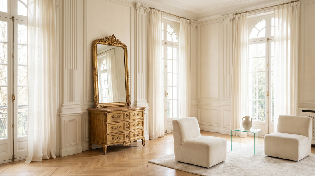 Heller Salon mit antiker Kommode als Blickfang