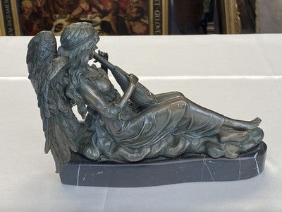 Bronze-Engel mit Laute auf Marmorsockel, 16,5 cm