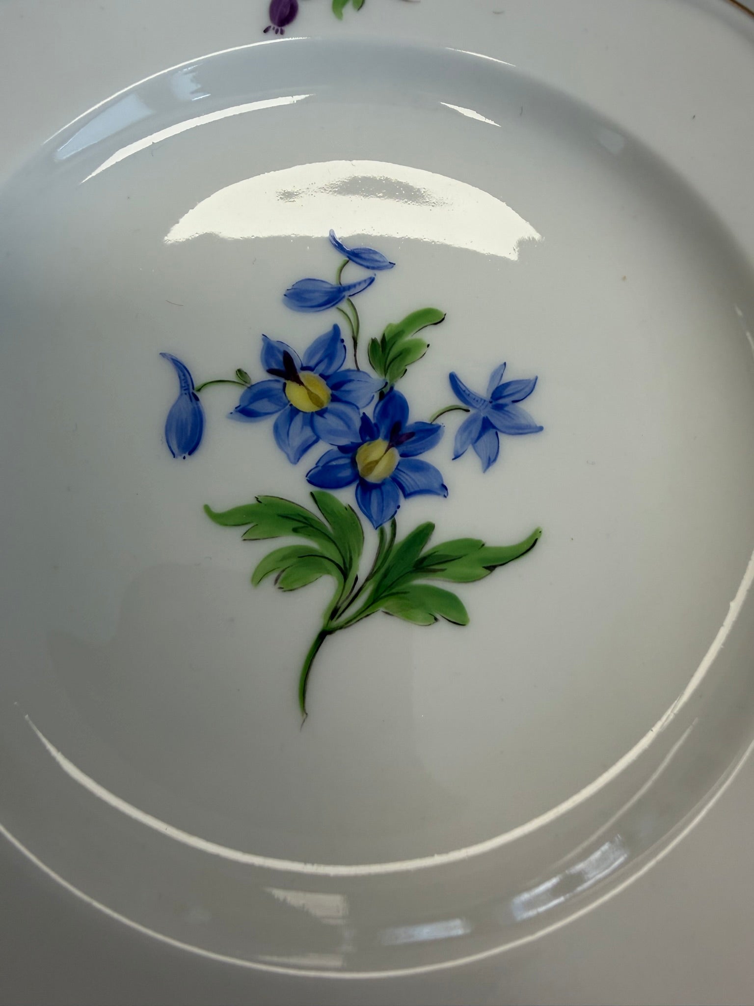 Meissen Kaffeetasse mit Untertasse Porzellan, Blumendekor (blaue Blume) handbemalt mit Goldrand