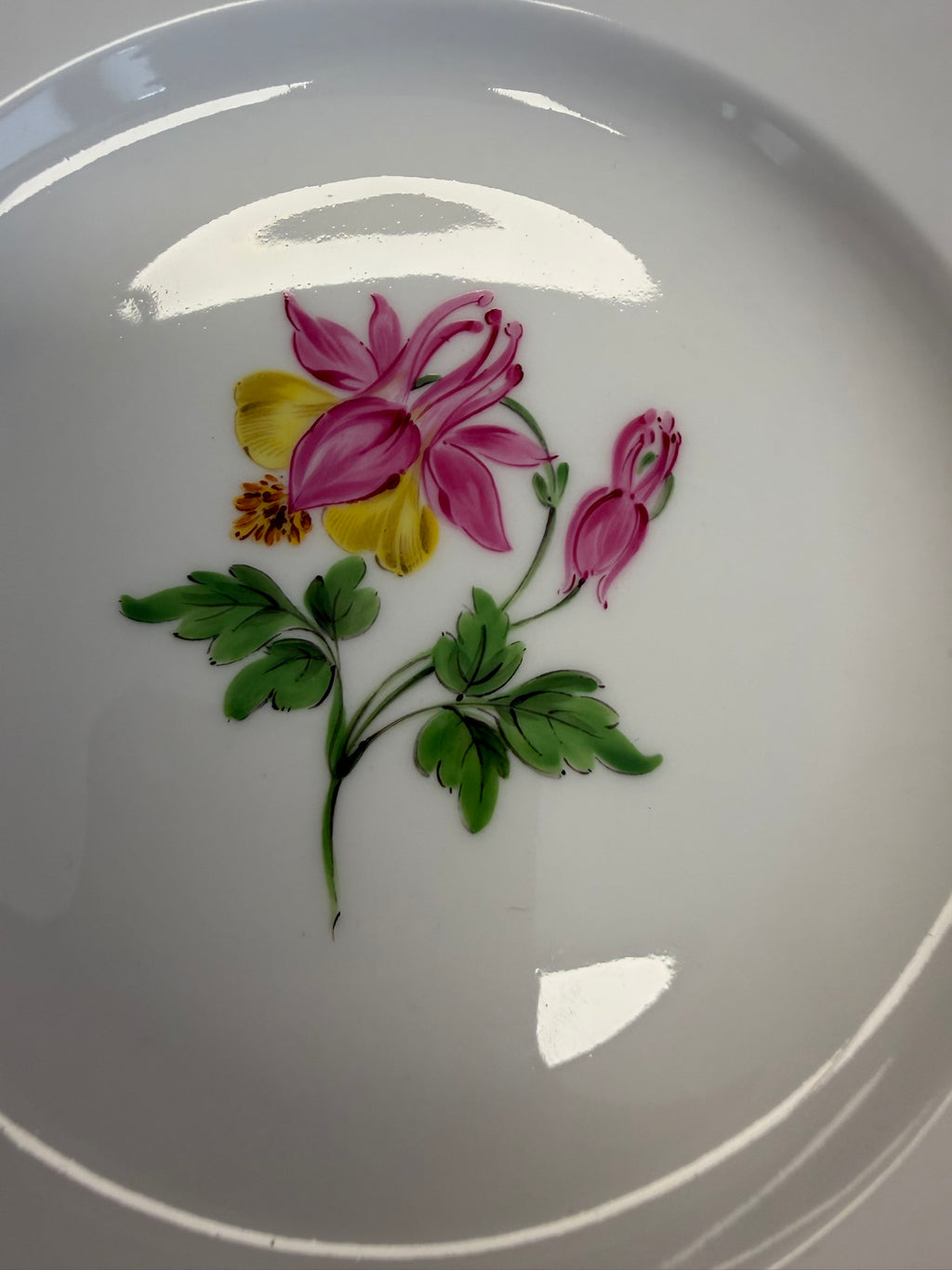 Meissen Kaffeetasse mit Untertasse Porzellan, Akelei Blumendekor handbemalt mit Goldrand