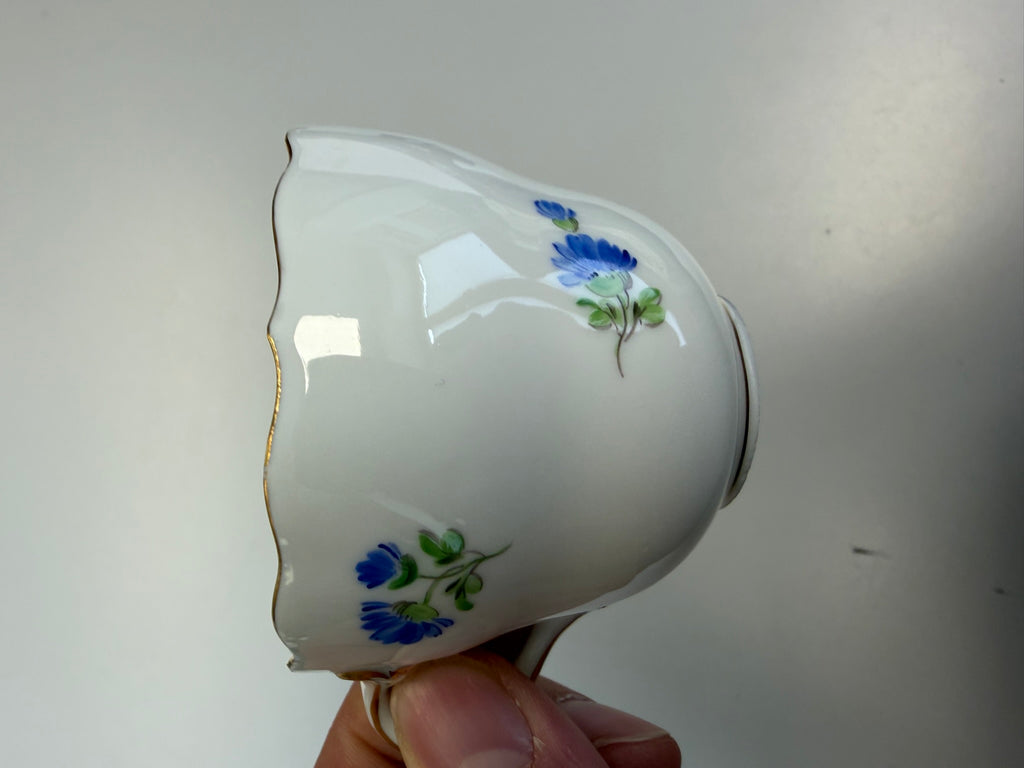 Meissen Kaffeetasse mit Untertasse Porzellan, Akelei Blumendekor handbemalt mit Goldrand