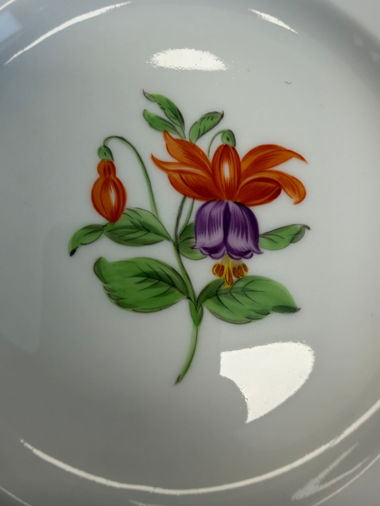 Meissen Kaffeetasse mit Untertasse Porzellan, buntes Blumenbukett (Lilie) handbemalt mit Goldrand