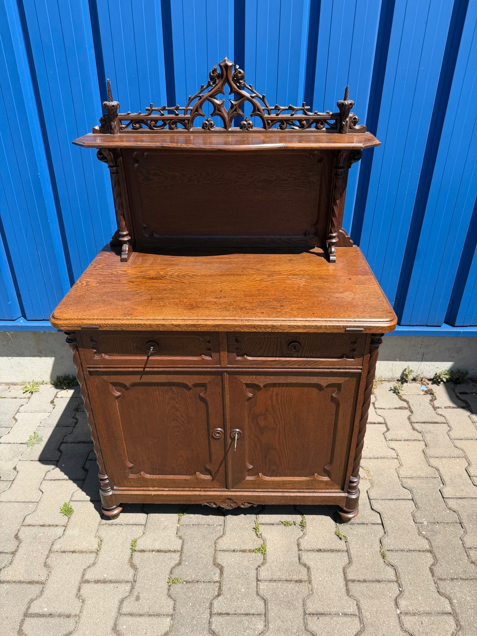 Historismus Anrichte Buffet Eiche mit Aufsatz, geschnitzt, um 1880 (Gründerzeit), B/H 94/147 cm