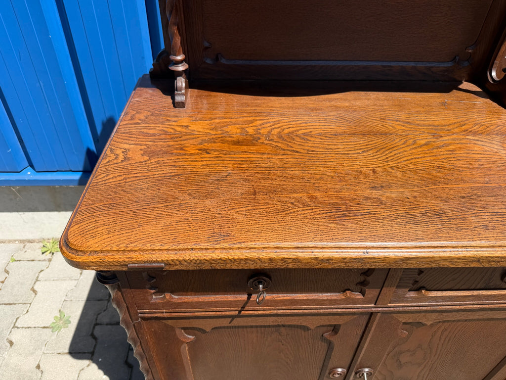 Historismus Anrichte Buffet Eiche mit Aufsatz, geschnitzt, um 1880 (Gründerzeit), B/H 94/147 cm
