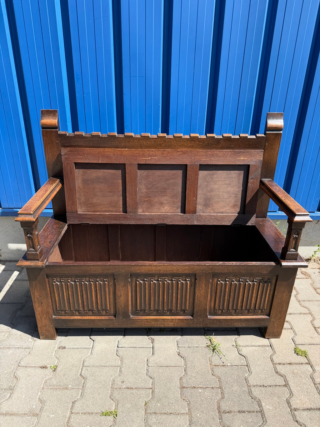 Sitzbank Eiche, neugotisch um 1900, Truhenbank mit Klappsitz