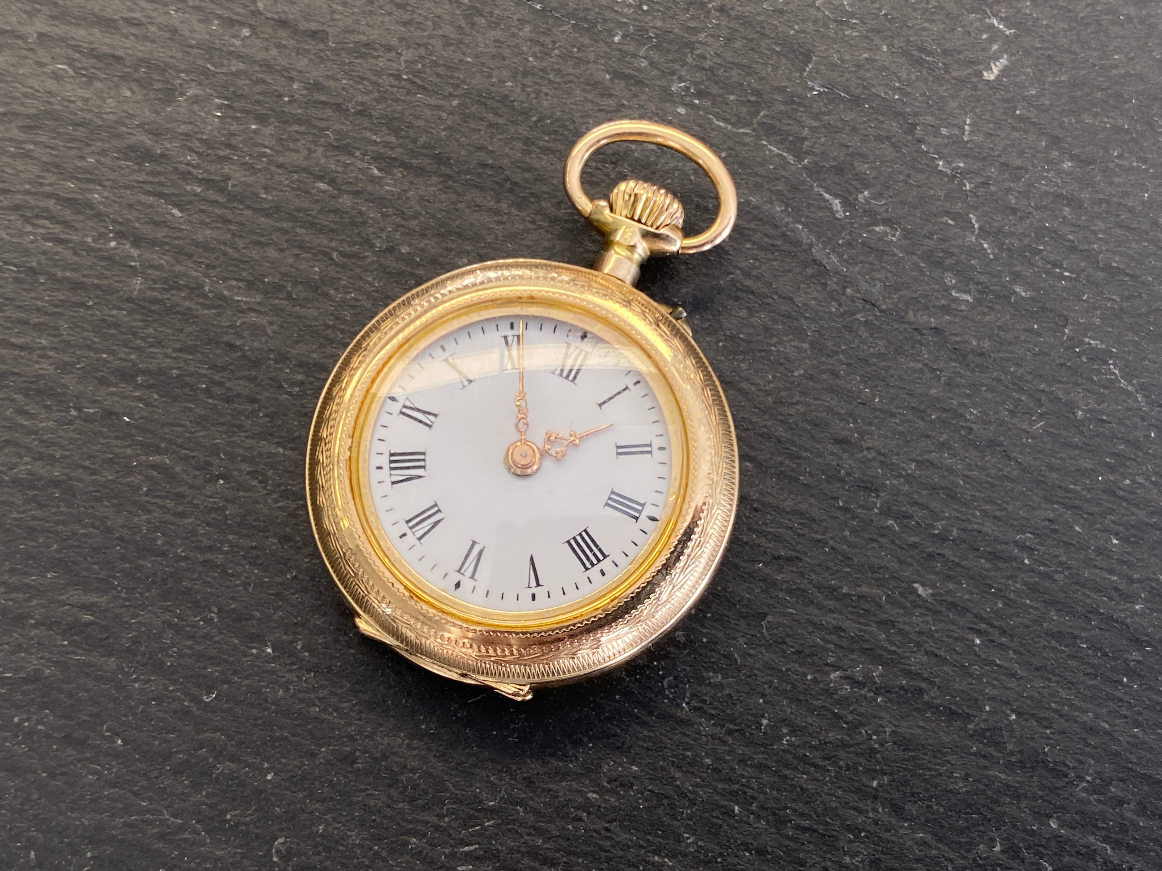 Dekorative Taschenuhr / Damentaschenuhr, 585er Gold (14 Karat), Emaille-Zifferblatt