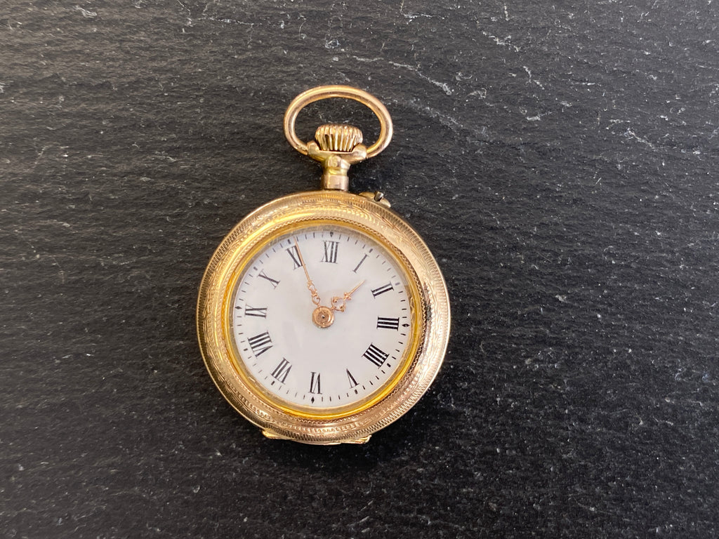 Dekorative Taschenuhr / Damentaschenuhr, 585er Gold (14 Karat), Emaille-Zifferblatt