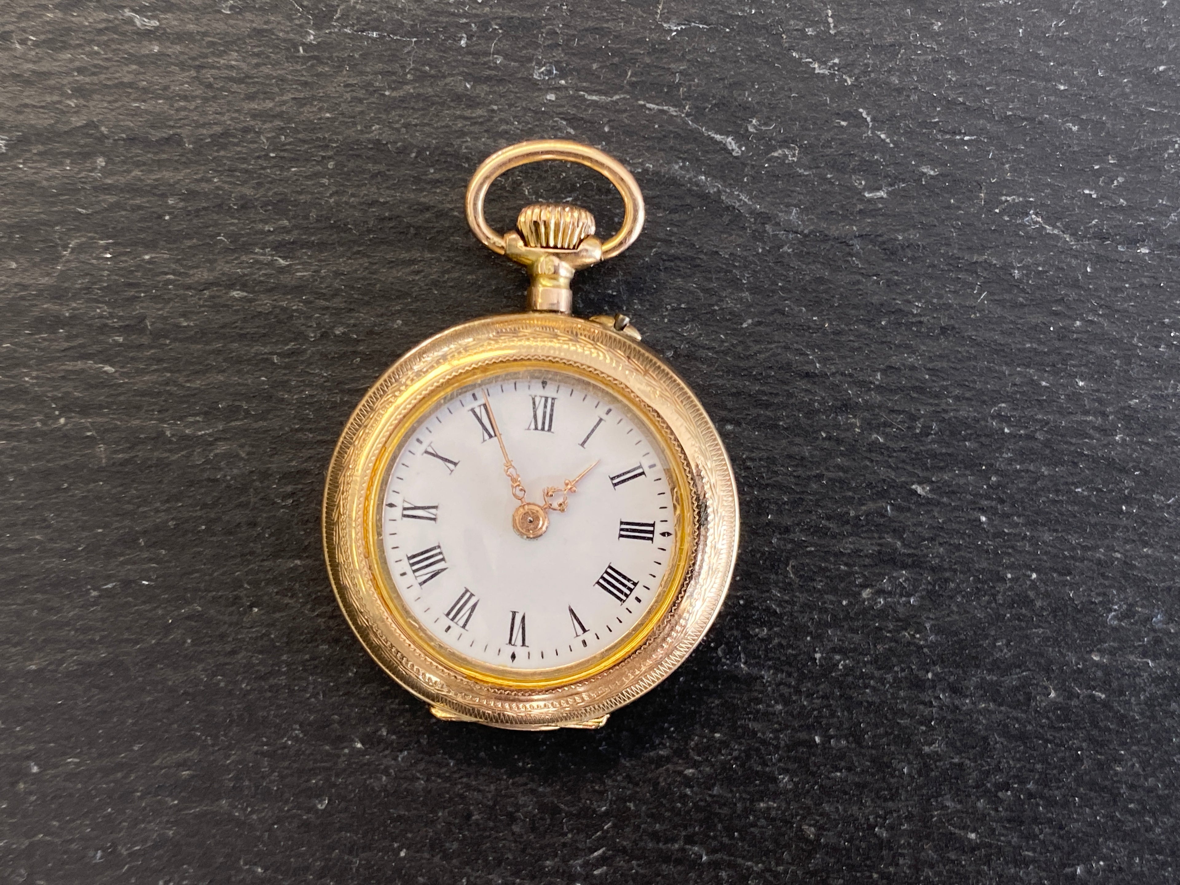 Dekorative Taschenuhr / Damentaschenuhr, 585er Gold (14 Karat), Emaille-Zifferblatt