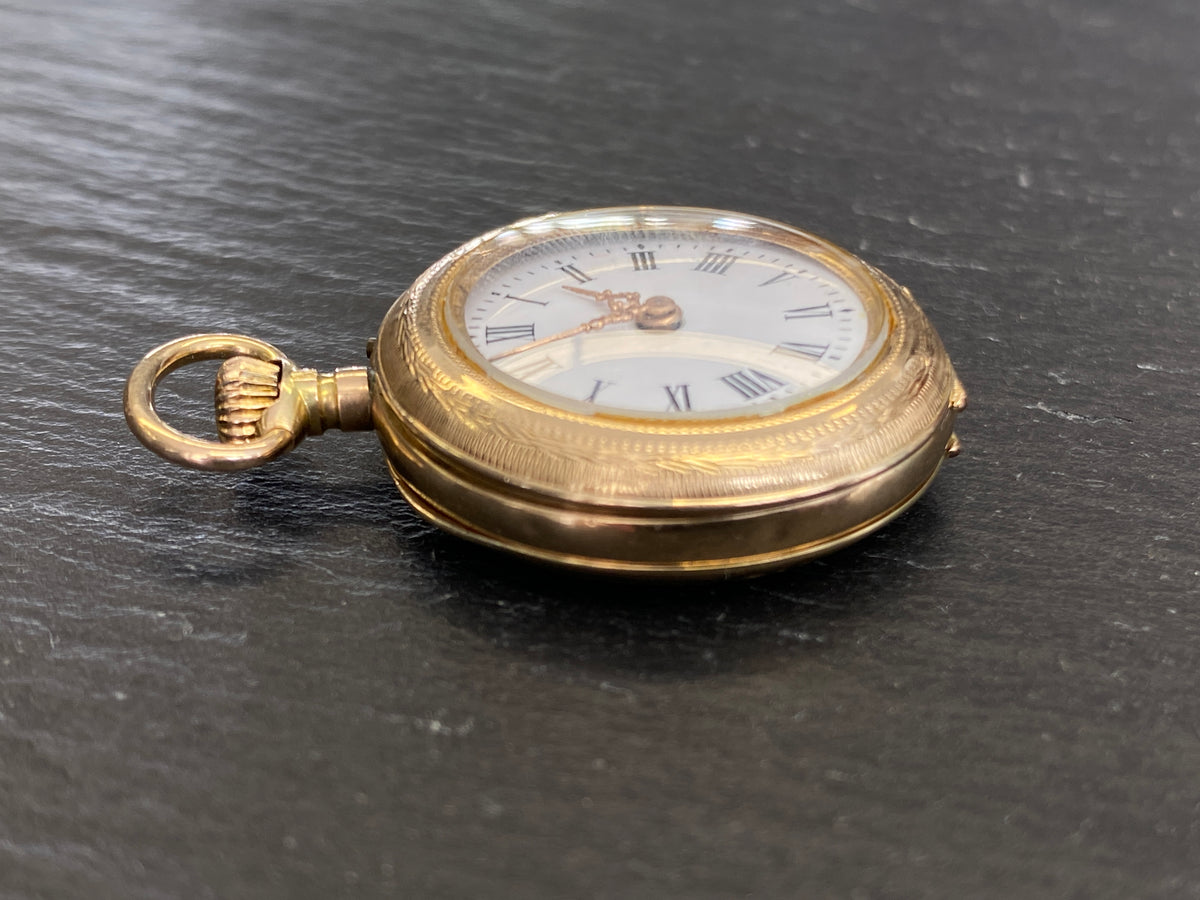 Dekorative Taschenuhr / Damentaschenuhr, 585er Gold (14 Karat), Emaille-Zifferblatt