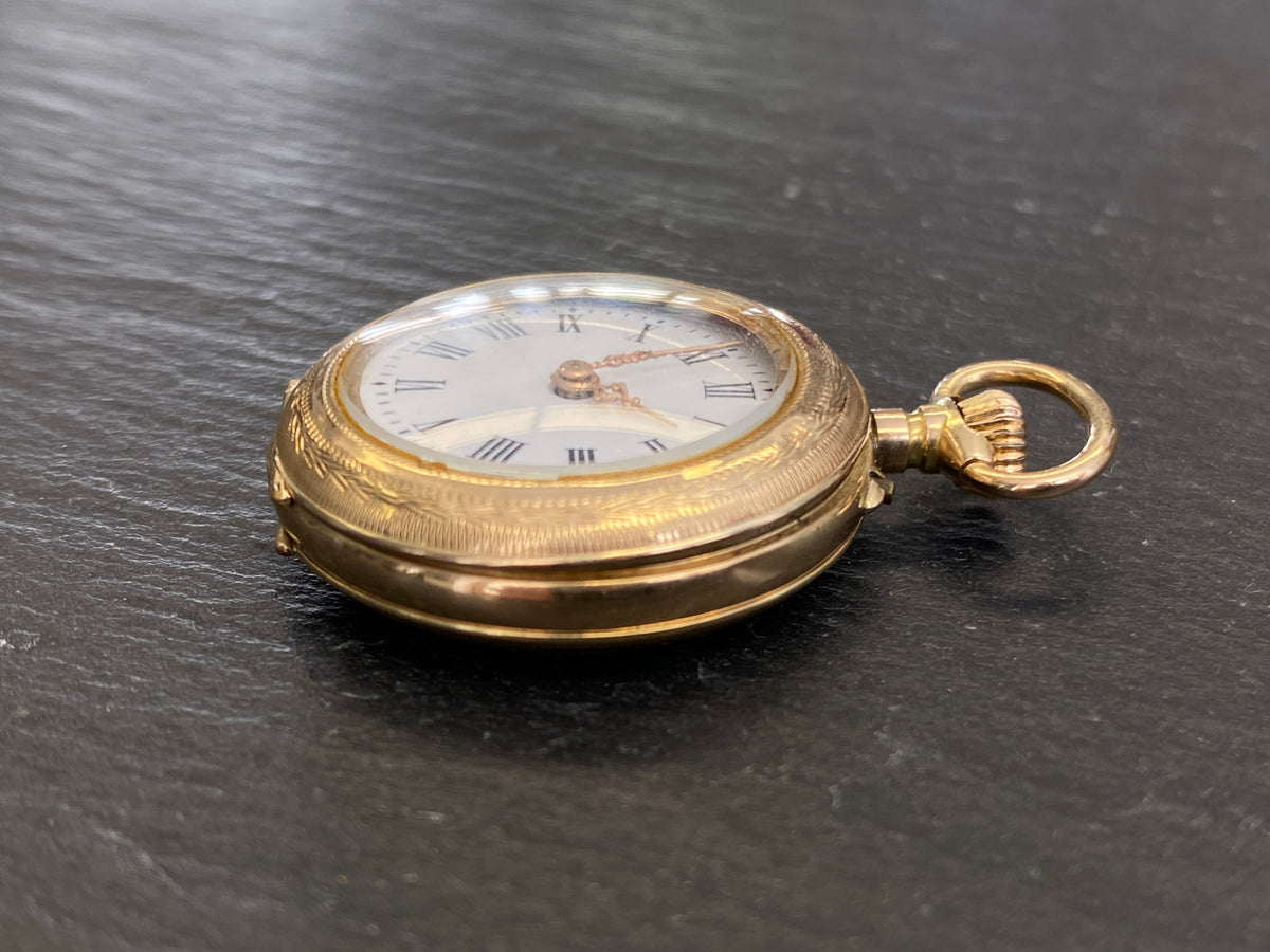 Dekorative Taschenuhr / Damentaschenuhr, 585er Gold (14 Karat), Emaille-Zifferblatt