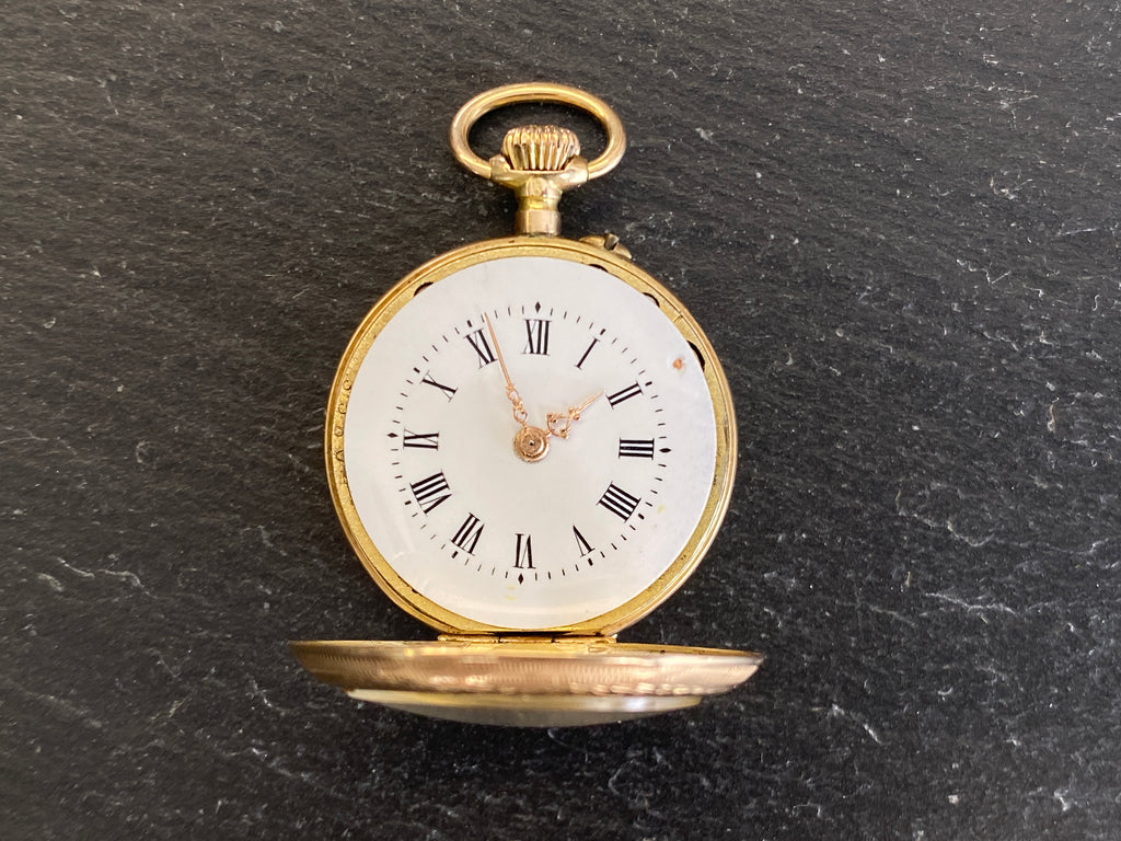 Dekorative Taschenuhr / Damentaschenuhr, 585er Gold (14 Karat), Emaille-Zifferblatt
