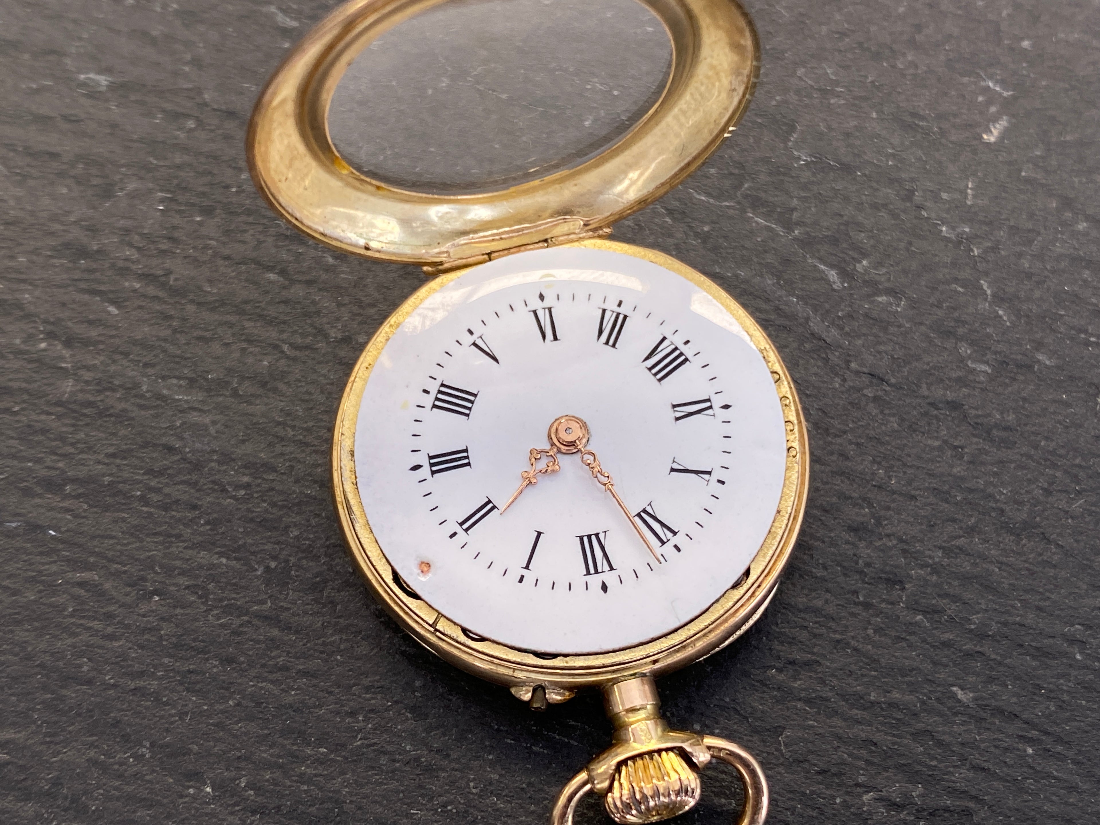 Dekorative Taschenuhr / Damentaschenuhr, 585er Gold (14 Karat), Emaille-Zifferblatt