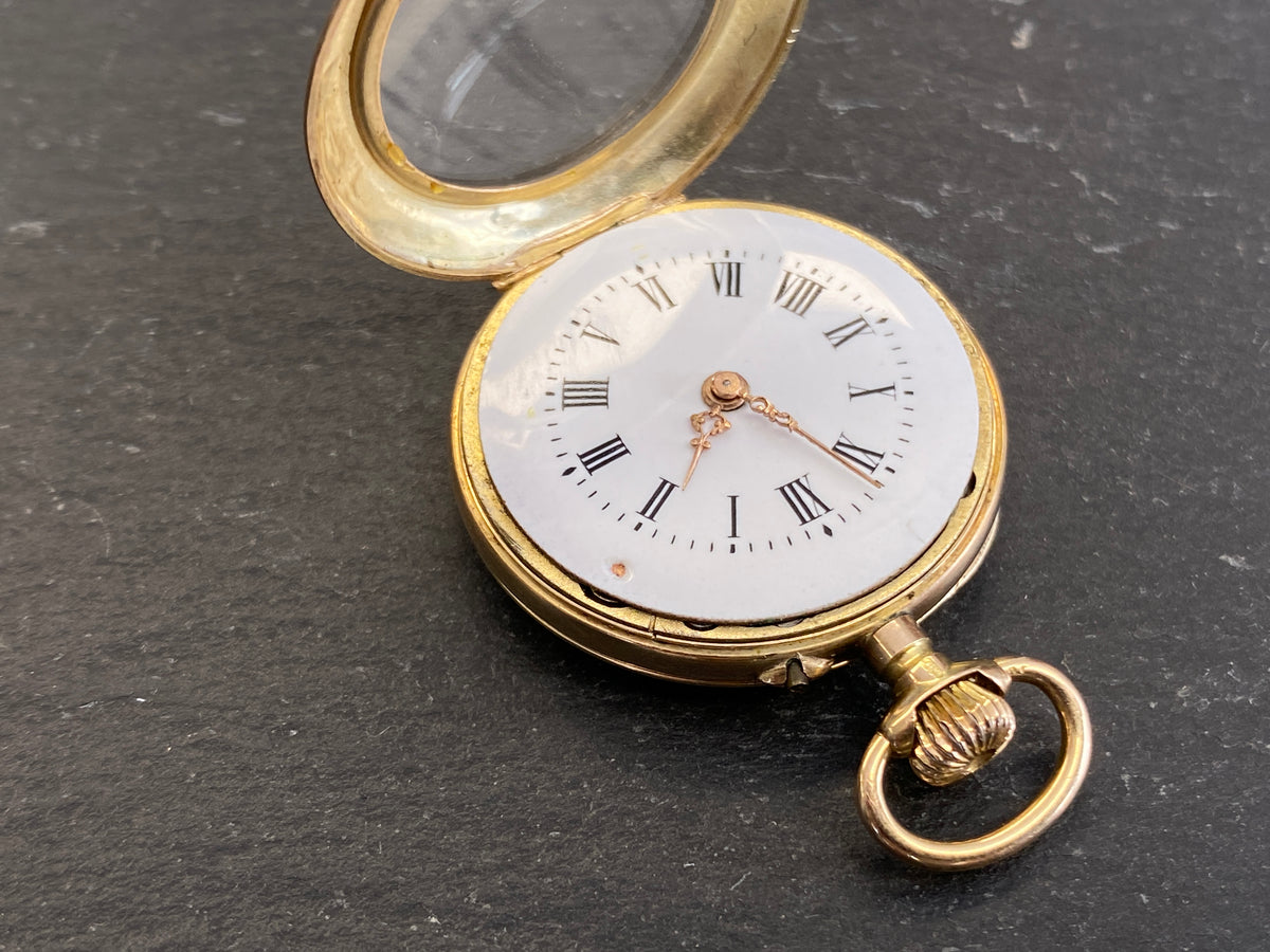 Dekorative Taschenuhr / Damentaschenuhr, 585er Gold (14 Karat), Emaille-Zifferblatt