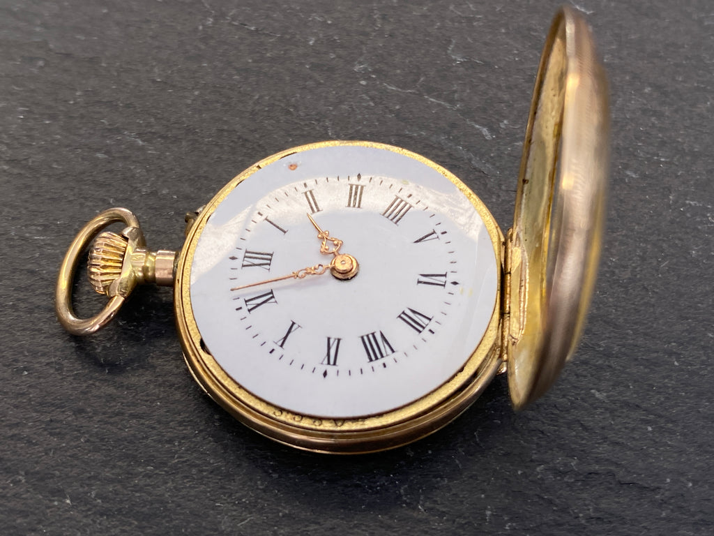 Dekorative Taschenuhr / Damentaschenuhr, 585er Gold (14 Karat), Emaille-Zifferblatt