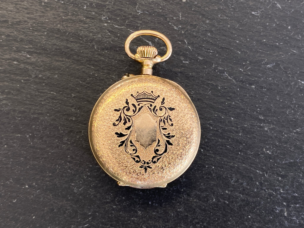 Dekorative Taschenuhr / Damentaschenuhr, 585er Gold (14 Karat), Emaille-Zifferblatt