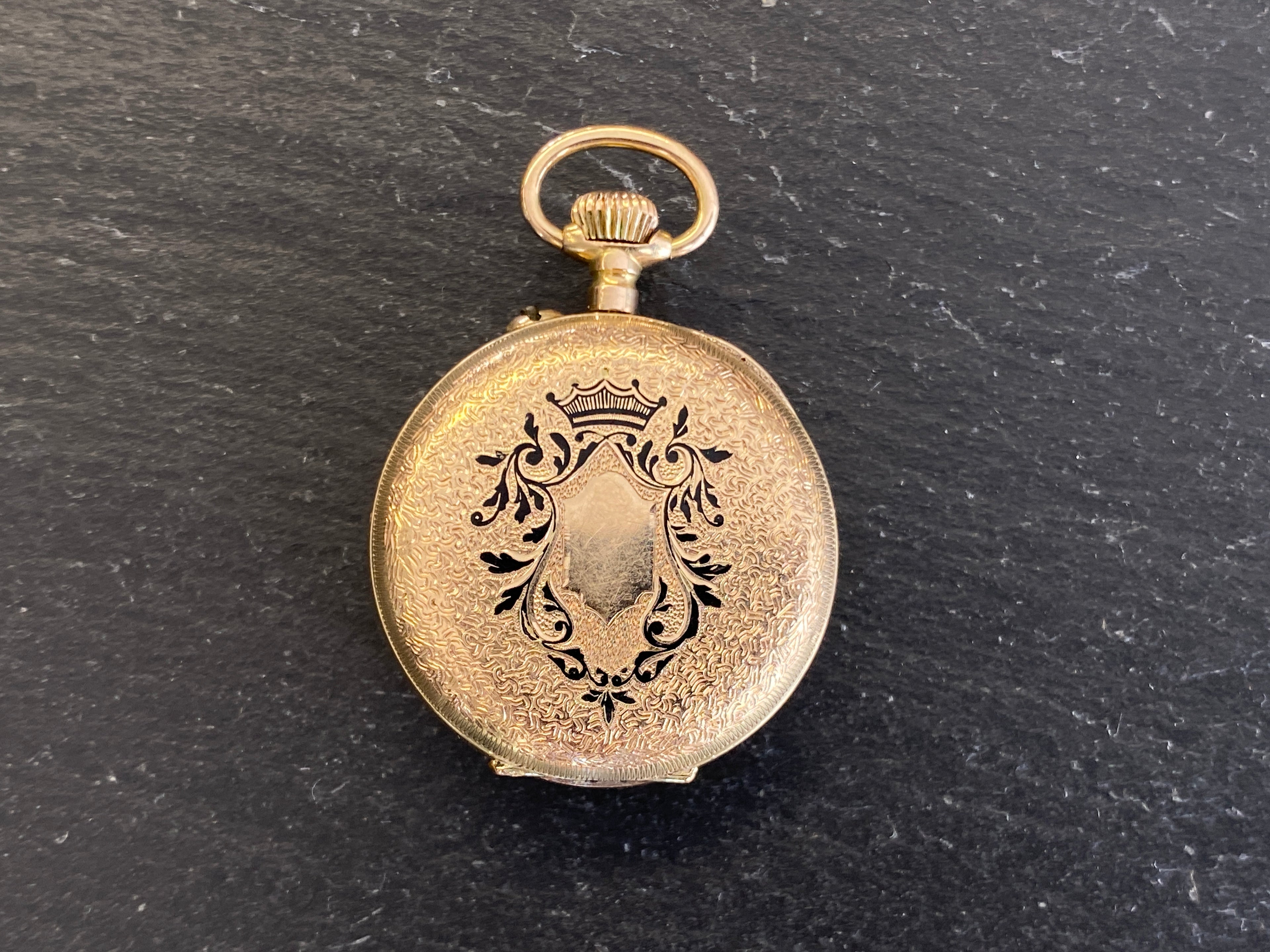 Dekorative Taschenuhr / Damentaschenuhr, 585er Gold (14 Karat), Emaille-Zifferblatt