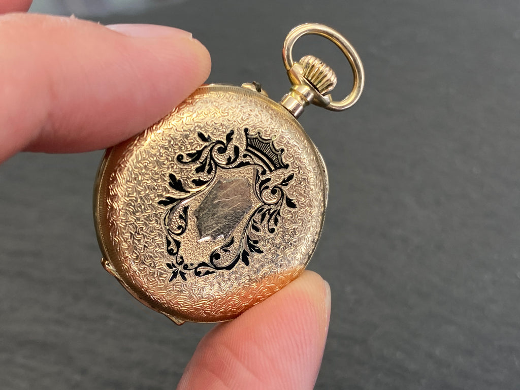 Dekorative Taschenuhr / Damentaschenuhr, 585er Gold (14 Karat), Emaille-Zifferblatt