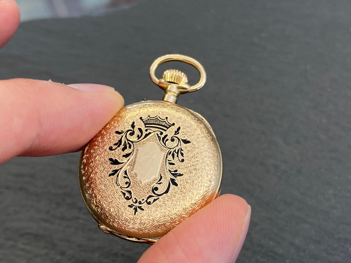 Dekorative Taschenuhr / Damentaschenuhr, 585er Gold (14 Karat), Emaille-Zifferblatt