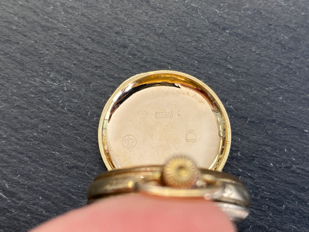 Dekorative Taschenuhr / Damentaschenuhr, 585er Gold (14 Karat), Emaille-Zifferblatt