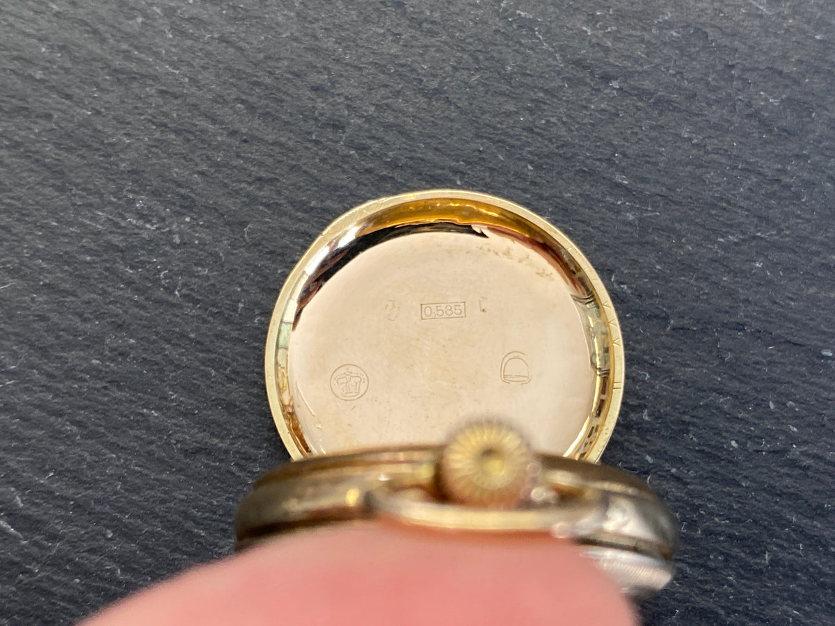 Dekorative Taschenuhr / Damentaschenuhr, 585er Gold (14 Karat), Emaille-Zifferblatt