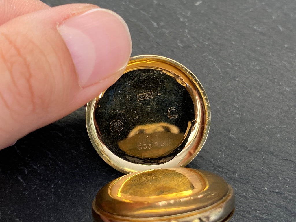 Dekorative Taschenuhr / Damentaschenuhr, 585er Gold (14 Karat), Emaille-Zifferblatt