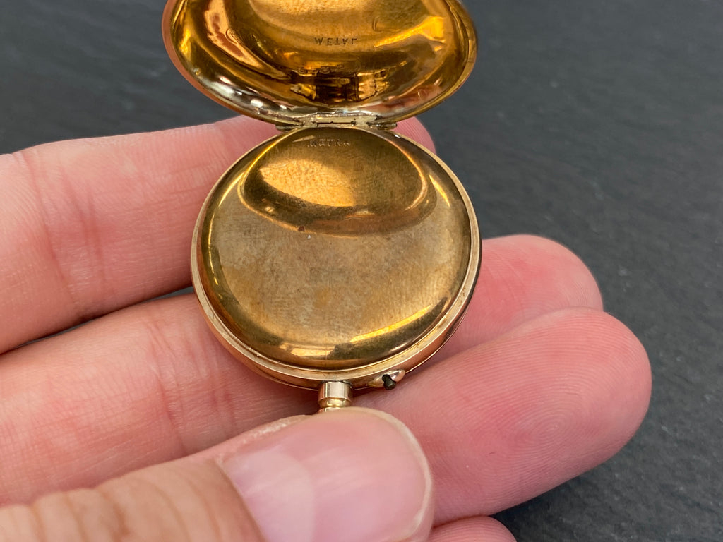 Dekorative Taschenuhr / Damentaschenuhr, 585er Gold (14 Karat), Emaille-Zifferblatt