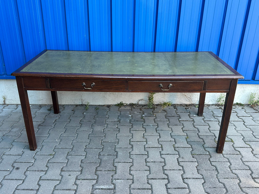 Schreibtisch Eiche massiv englischer Stil Leder grün Bürotisch Schubladen 182 cm