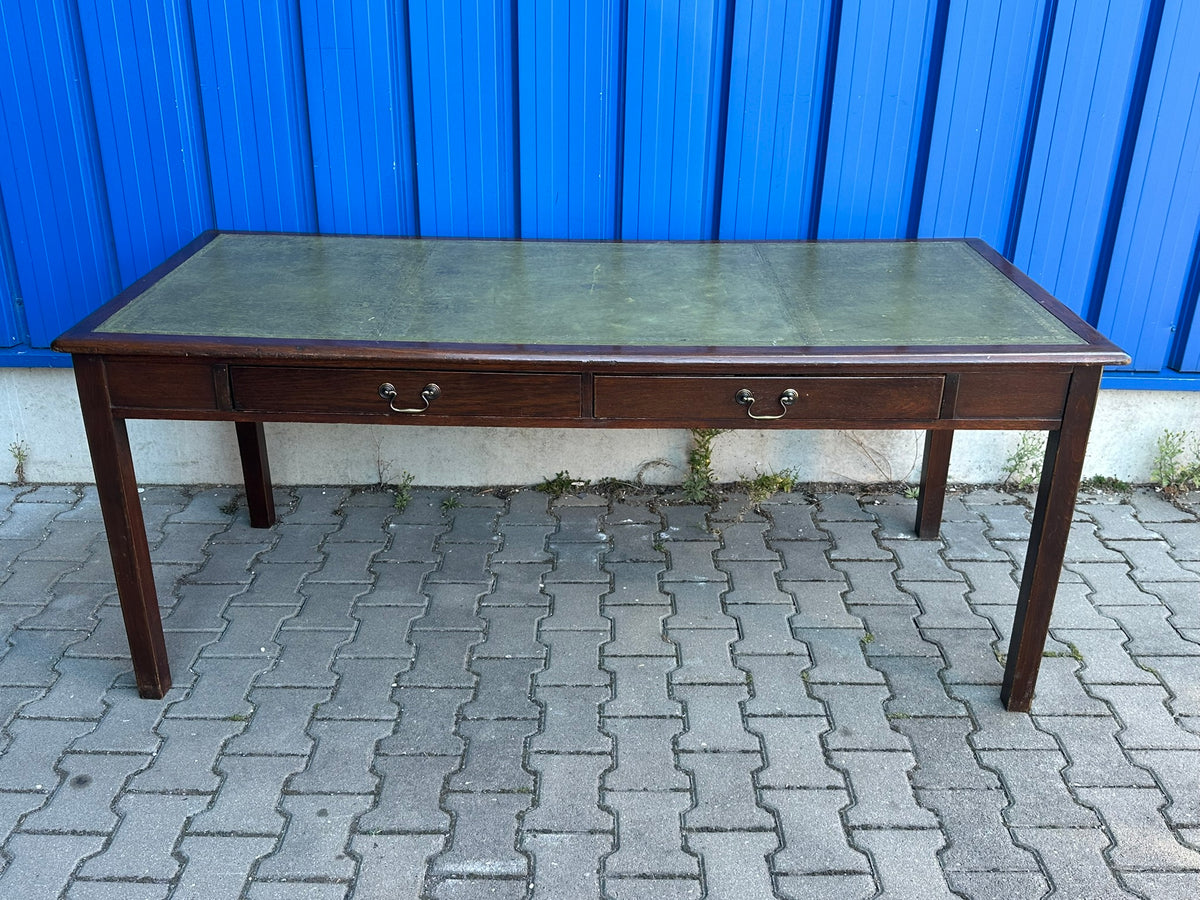 Schreibtisch Eiche massiv englischer Stil Leder grün Bürotisch Schubladen 182 cm