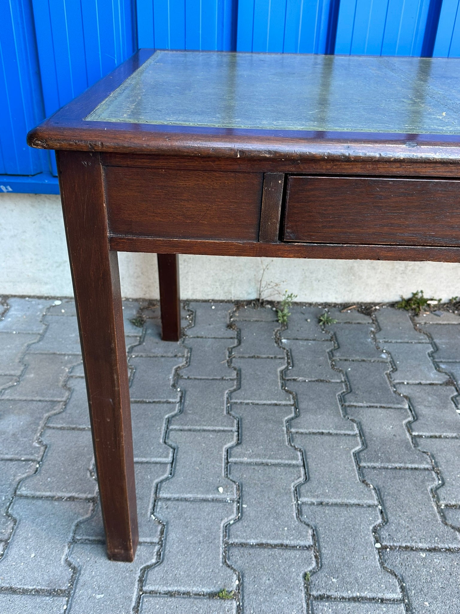 Schreibtisch Eiche massiv englischer Stil Leder grün Bürotisch Schubladen 182 cm