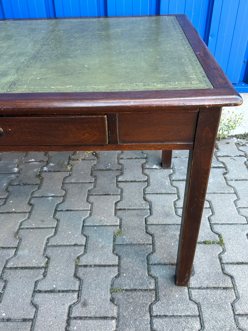 Schreibtisch Eiche massiv englischer Stil Leder grün Bürotisch Schubladen 182 cm