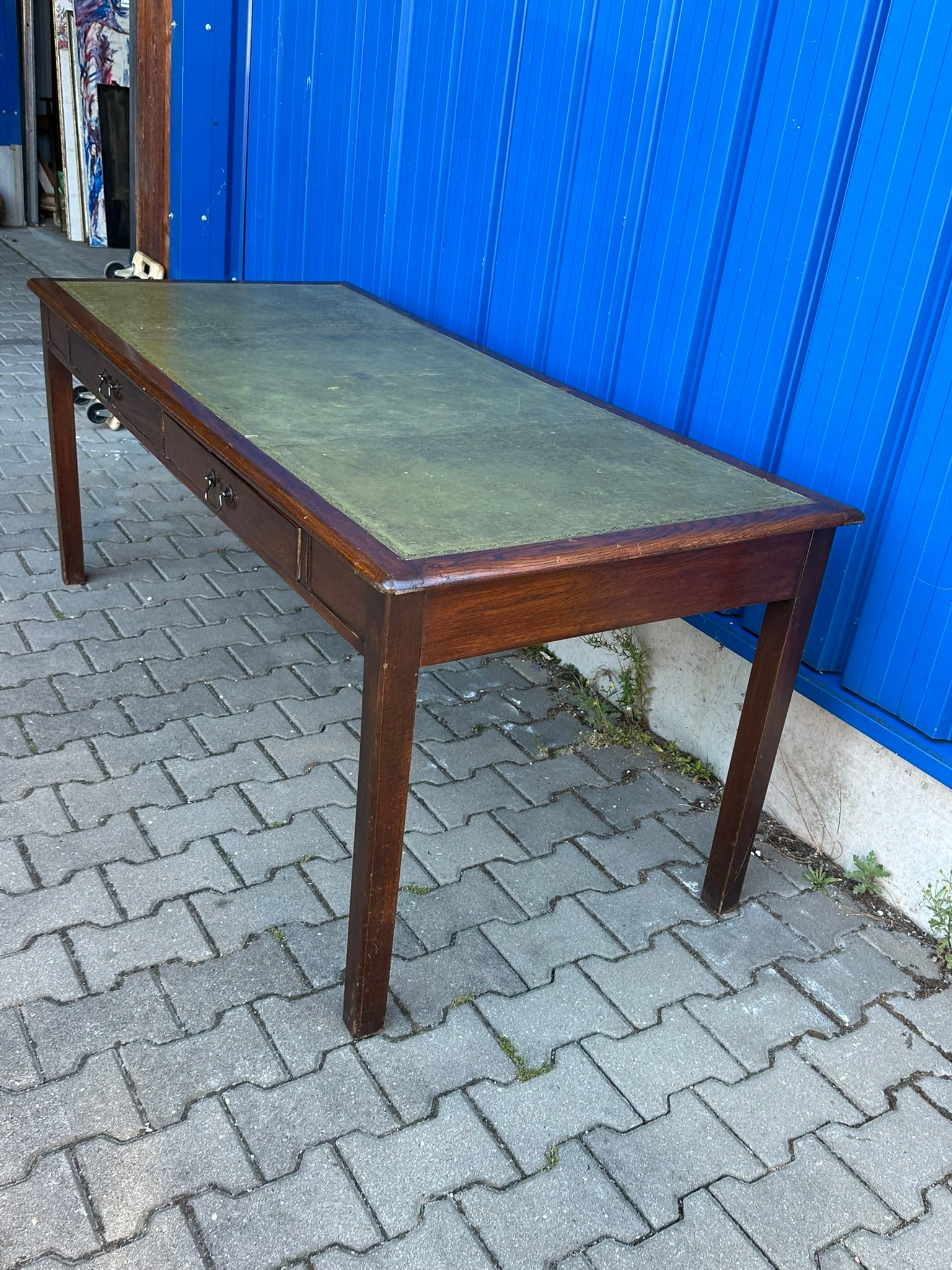 Schreibtisch Eiche massiv englischer Stil Leder grün Bürotisch Schubladen 182 cm