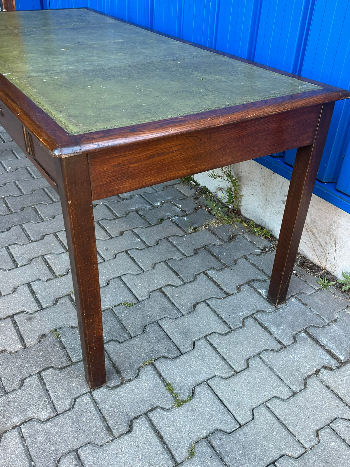 Schreibtisch Eiche massiv englischer Stil Leder grün Bürotisch Schubladen 182 cm