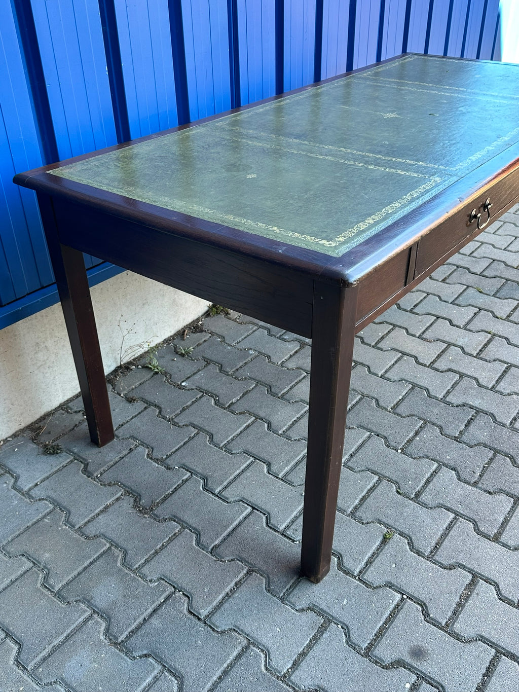 Schreibtisch Eiche massiv englischer Stil Leder grün Bürotisch Schubladen 182 cm