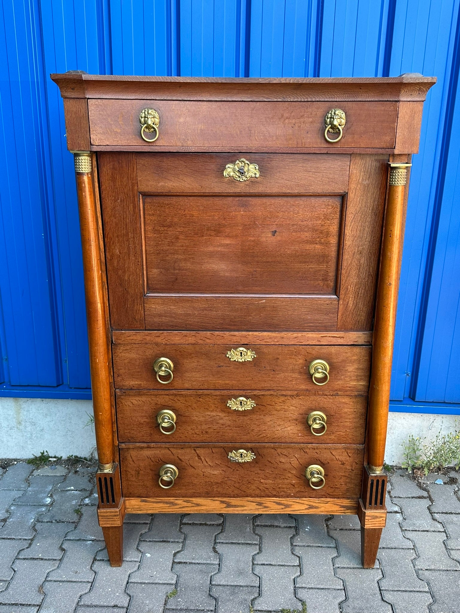 Antiker Sekretär / Säulensekretär Eiche, Louis Seize / Empire, Holland um 1800 – Aufsatzsekretär mit Löwenkopf-Beschlägen