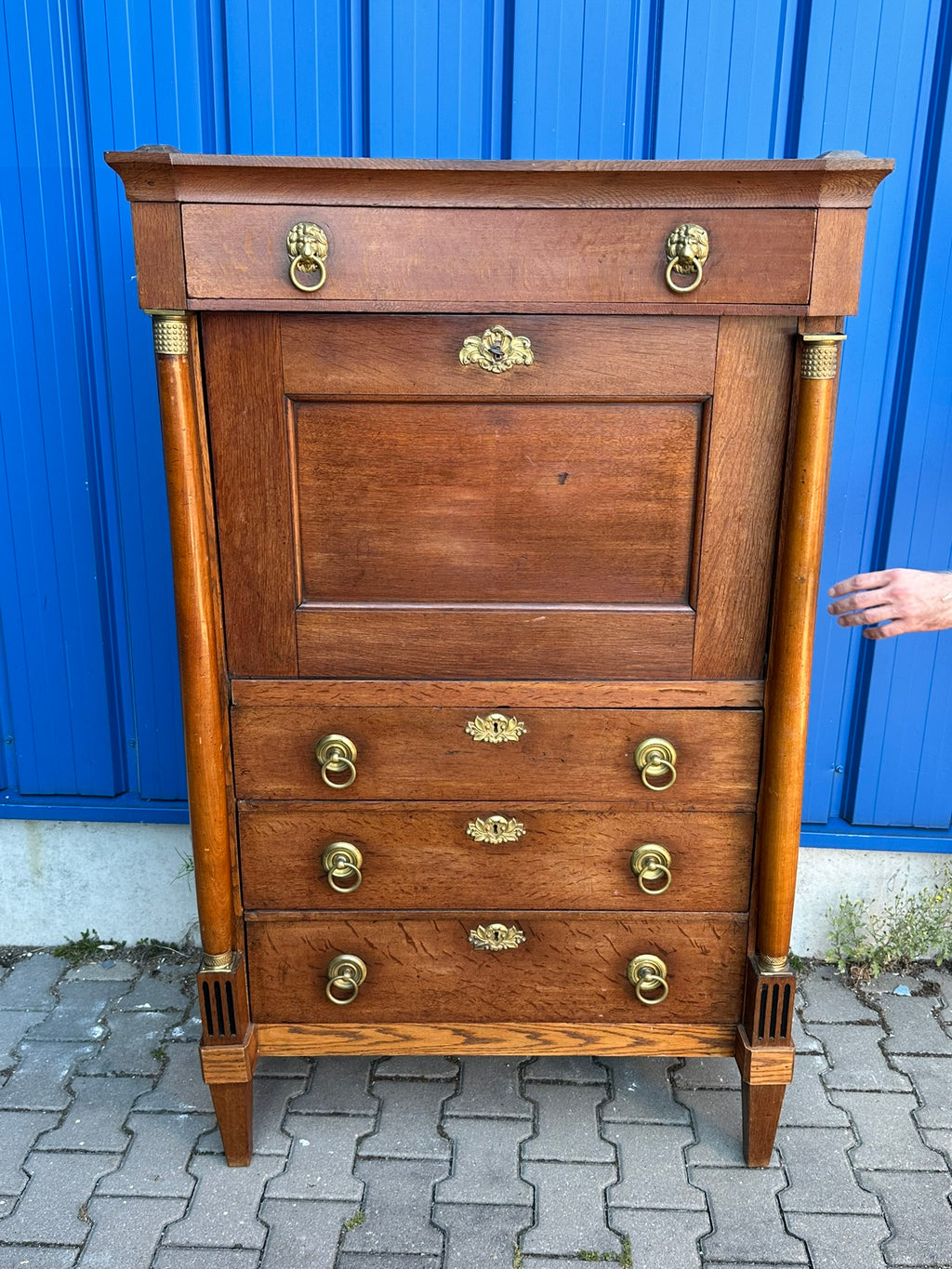 Antiker Sekretär / Säulensekretär Eiche, Louis Seize / Empire, Holland um 1800 – Aufsatzsekretär mit Löwenkopf-Beschlägen