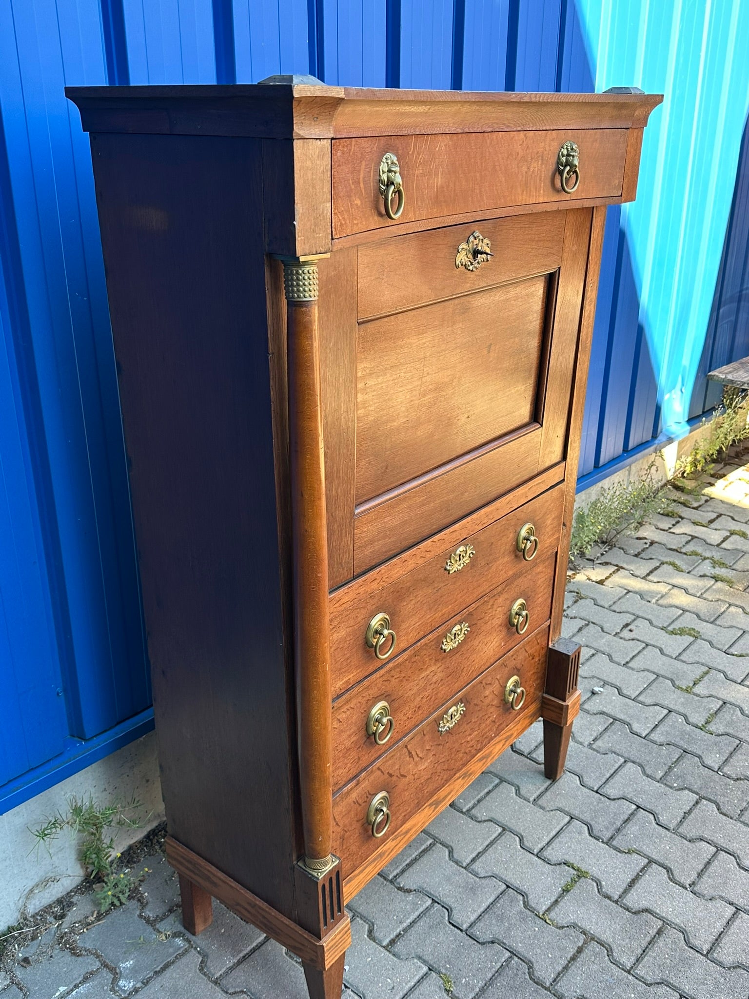 Antiker Sekretär / Säulensekretär Eiche, Louis Seize / Empire, Holland um 1800 – Aufsatzsekretär mit Löwenkopf-Beschlägen