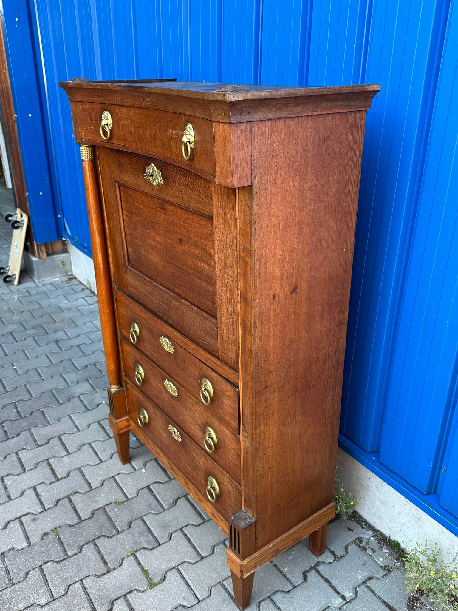 Antiker Sekretär / Säulensekretär Eiche, Louis Seize / Empire, Holland um 1800 – Aufsatzsekretär mit Löwenkopf-Beschlägen