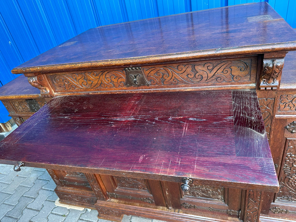 Buffetschrank Eiche Anrichte Historismus 19. Jahrhundert – geschnitztes Weinlaub, Neugotik &amp; Renaissance, zweiteiliges Aufsatzbuffet, deutsch