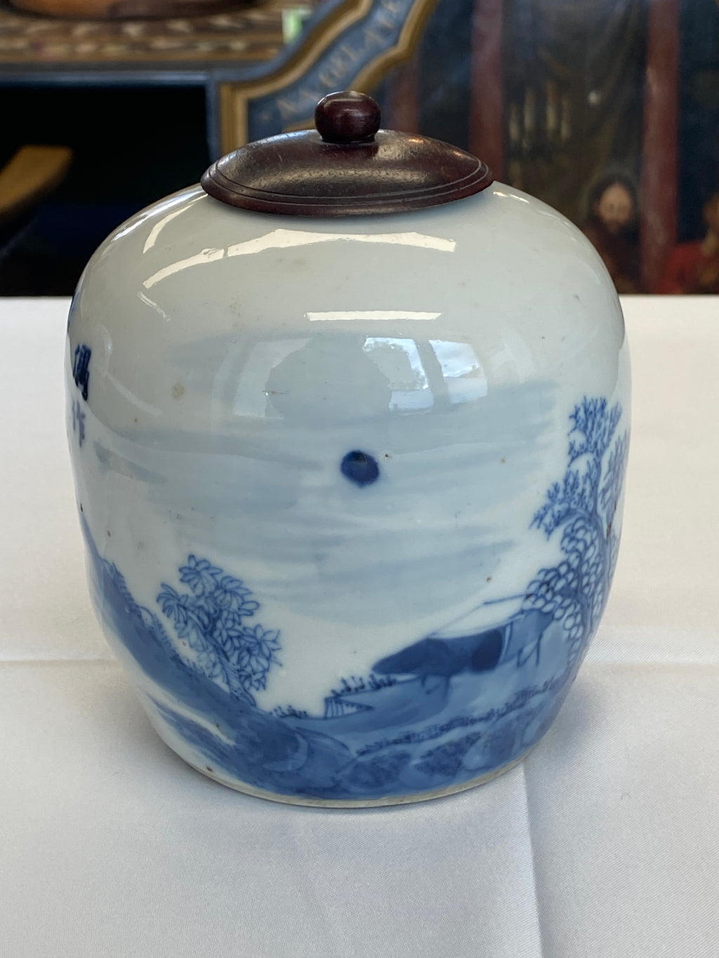 Chinesische Teedose, blau-weiß – Unterglasurmalerei, 19. Jahrhundert