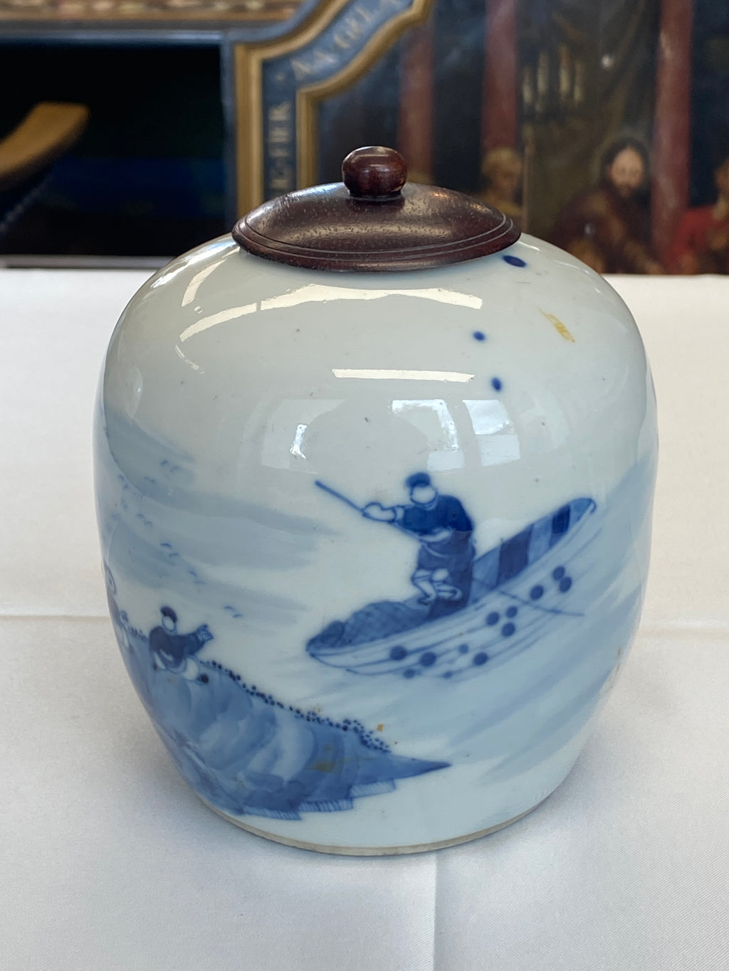Chinesische Teedose, blau-weiß – Unterglasurmalerei, 19. Jahrhundert