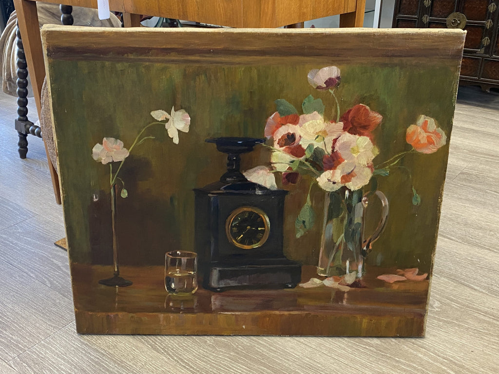 Antikes Ölgemälde Blumen Stillleben mit Uhr Nicht signiert