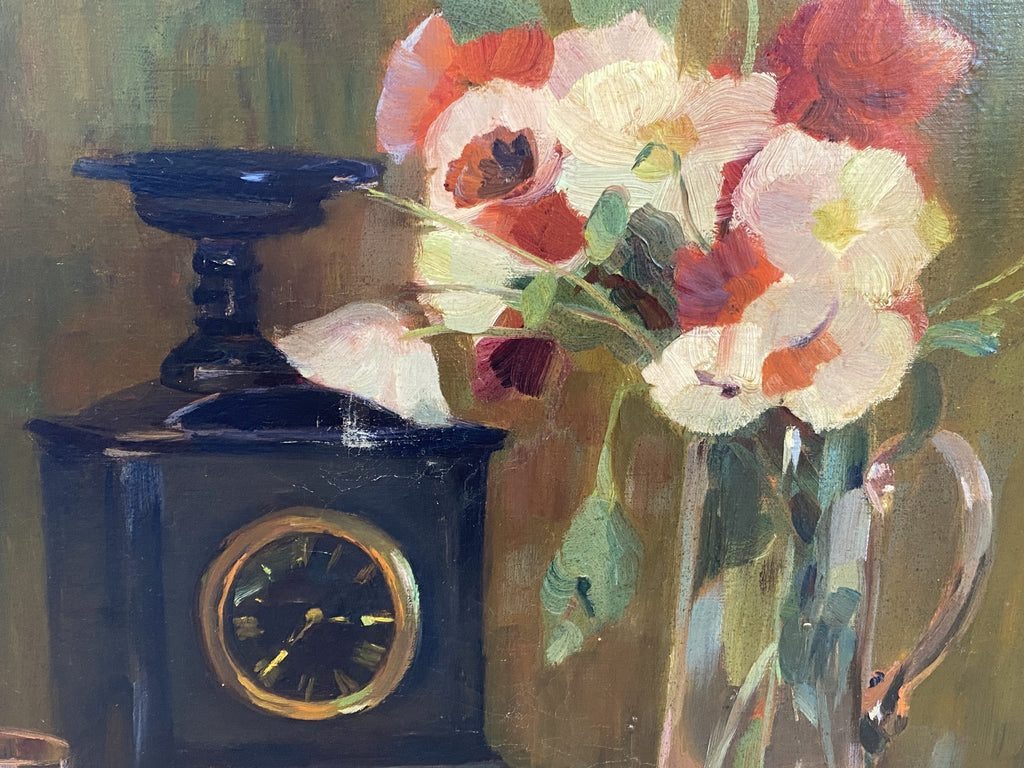 ANTIKES ÖLGEMÄLDE BLUMEN STILLLEBEN MIT UHR NICHT SIGNIERT