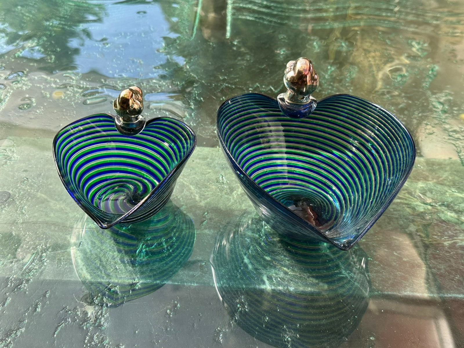 2x Schale aus Glas Mundgeblasen Ente Kopf Sterling Silber 925