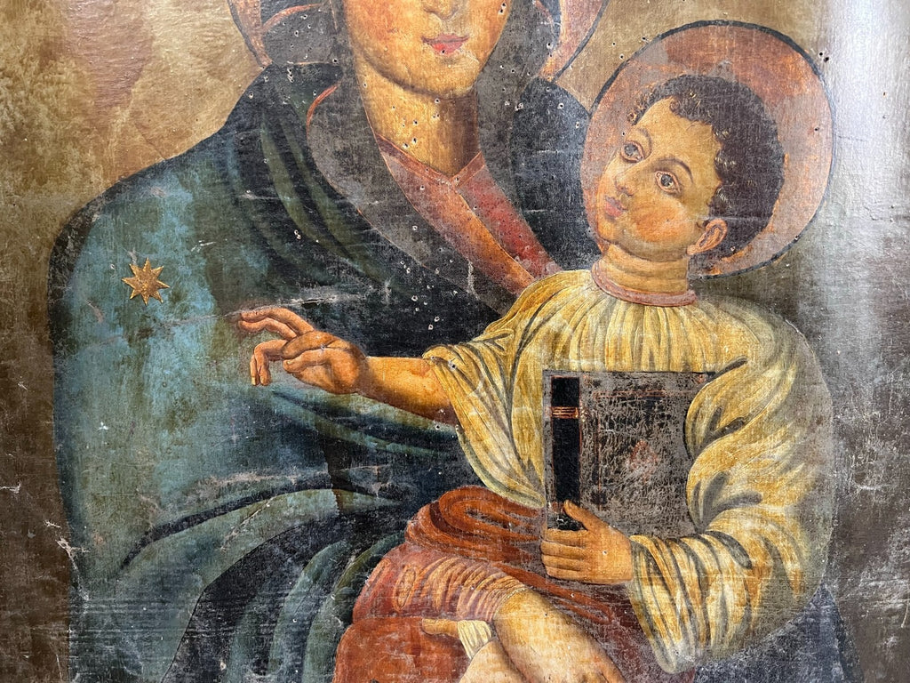 Antikes Ölgemälde Heilige Maria mit dem Jesuskind 17 tes Jh Altartafel 120x140cm