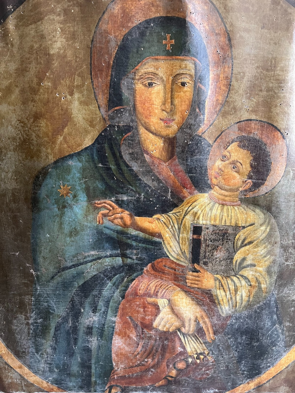Antikes Ölgemälde Heilige Maria mit dem Jesuskind 17 tes Jh Altartafel 120x140cm