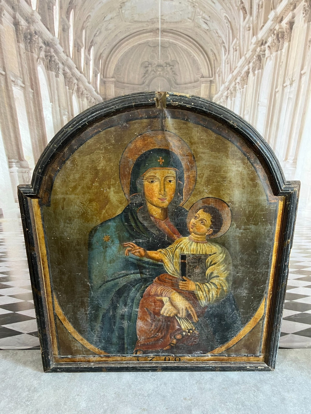 Antikes Ölgemälde Heilige Maria mit dem Jesuskind 17 tes Jh Altartafel 120x140cm